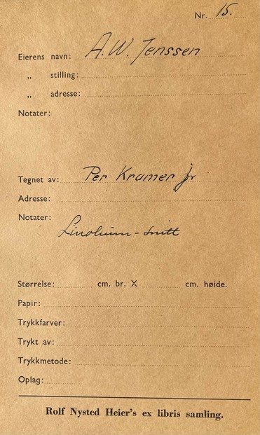The catalogue card for the ExLibris collection of Rolf Nysted Heier. The only information filled in are the names of the owner and the artist. The other fields are blank. Under "notes", it says linocut in Norwegian.