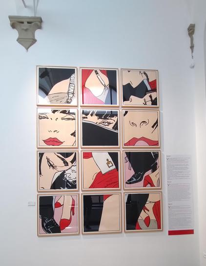 A pop art piece by Hugo Pratt showing a set of 3×4 square panels with details of comic drawings.