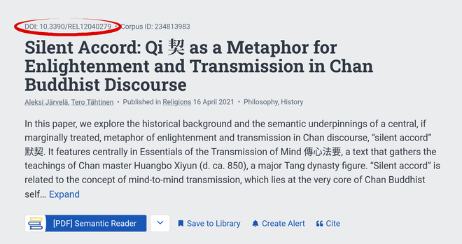 A screenshot of a semantic scholar article page, with a red circle around the DOI link above the title of the article.