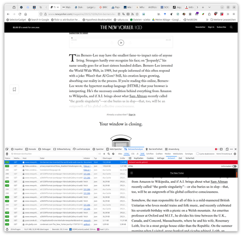A screenshot of a New Yorker article that is paywalled, with the Firefox developer tools open, where selecting the initial document in the Network tab allows reading the complete article as submitted before the paywall overlay kicked in.