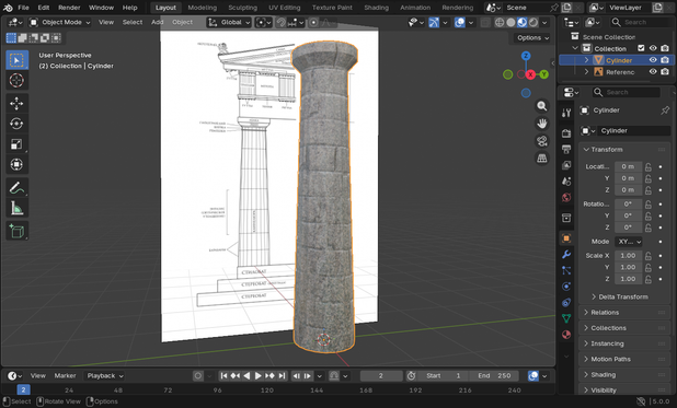 Ein Screenshot von Blender mit einem einfachen 3D-Modell einer dorischen Säule, im Hintergrund eine Referenzzeichnung.