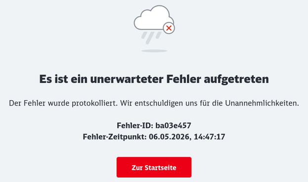 Screenshot einer Fehlermeldung auf bahn.de: Es ist ein unerwarteter Fehler aufgetreten
Der Fehler wurde protokolliert. Wir entschuldigen uns für die Unannehmlichkeiten.