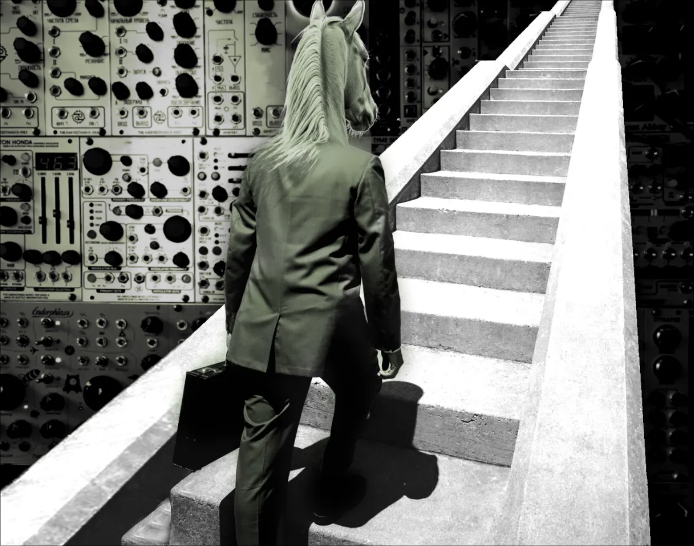 Ein Mensch im Anzug mit Pferdekopf steigt mit Aktentasche eine Treppe hinauf. Im Hintergrund technisches Gerät, vermutlich ein Analogcomputer.