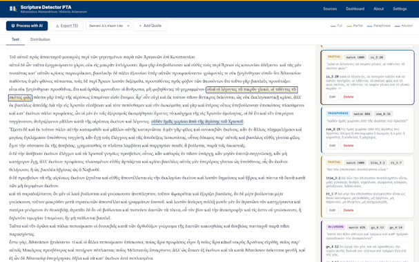Screenshot of the Scripture Detector PTA Application showing a text with highlighted scripture passages (in different colors depending of kind of quotation/allusion) and references on the right side..